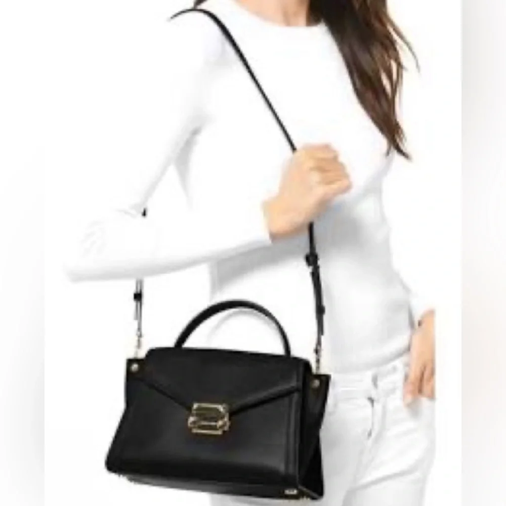 MICHAEL MICHAEL KORS Whitney Flap Satchel Signature Logo Black Leather NWT - Picture 7 of 7
